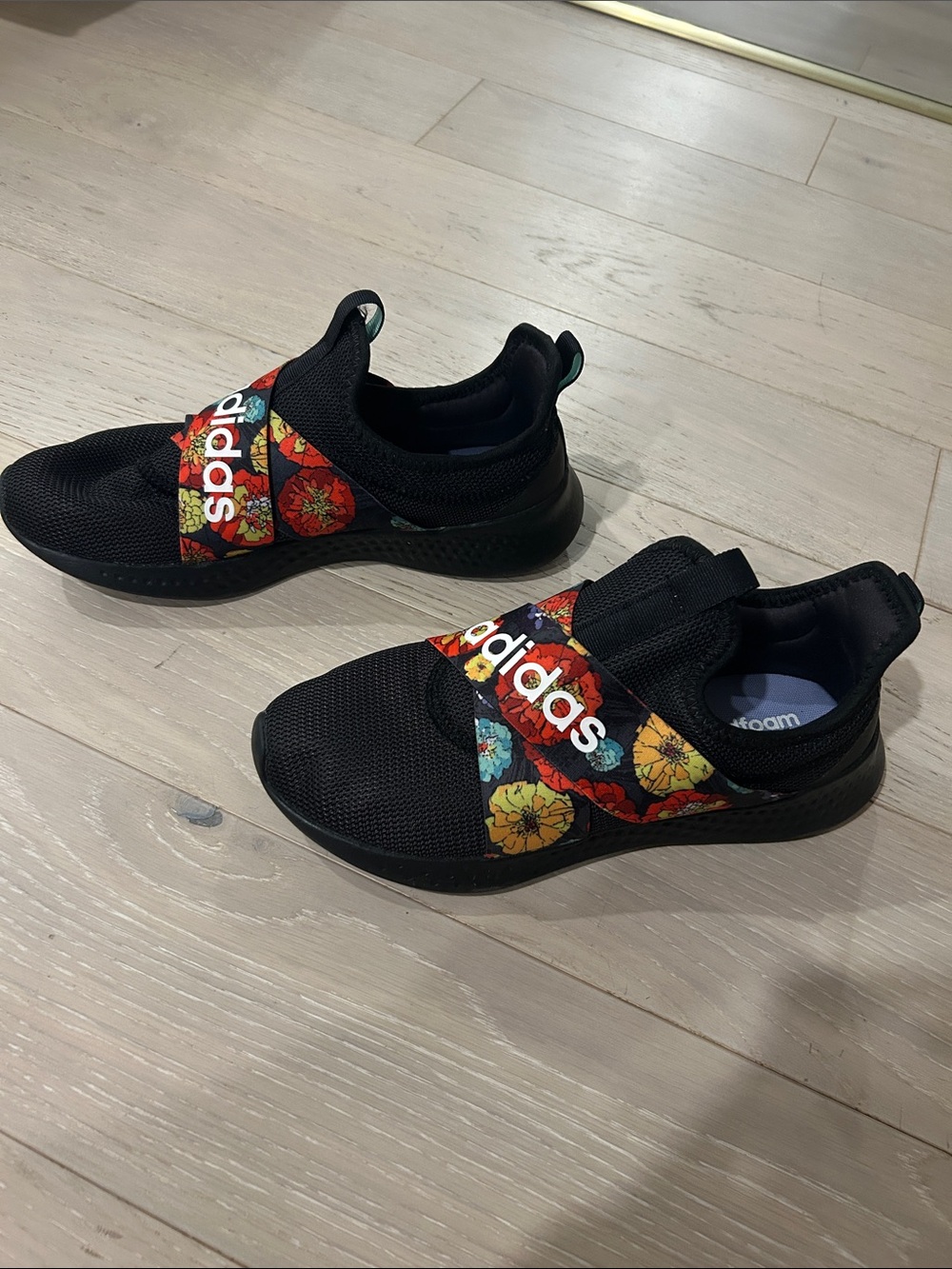 adidas Womens Black Slip-On Sneakers with Colorful Floral Strap